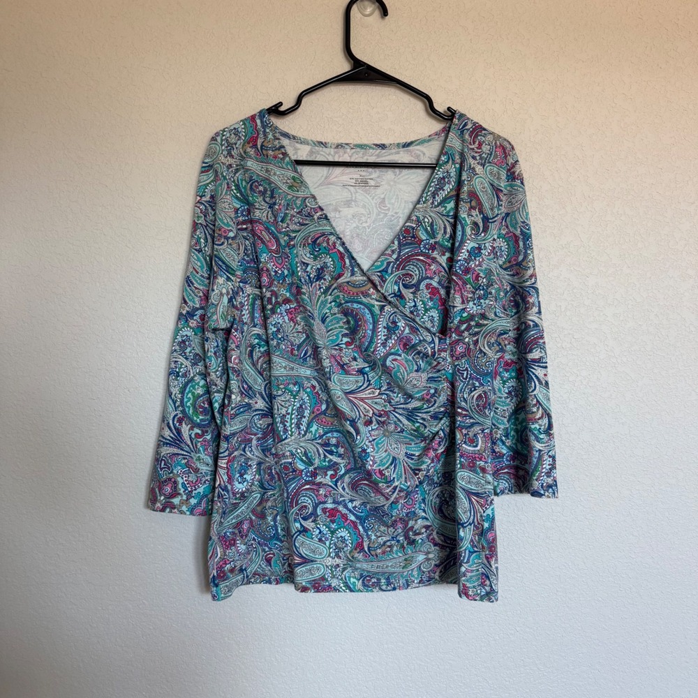Talbots Womens XL Paisley Faux Wrap Top 3/4 Sleeve Blue Pink Blouse Colorful